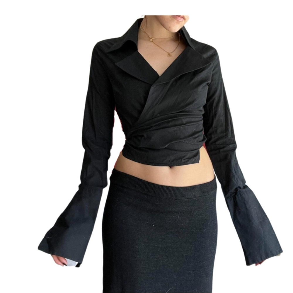 Sisley Black wrap top with long cuff sleeves
